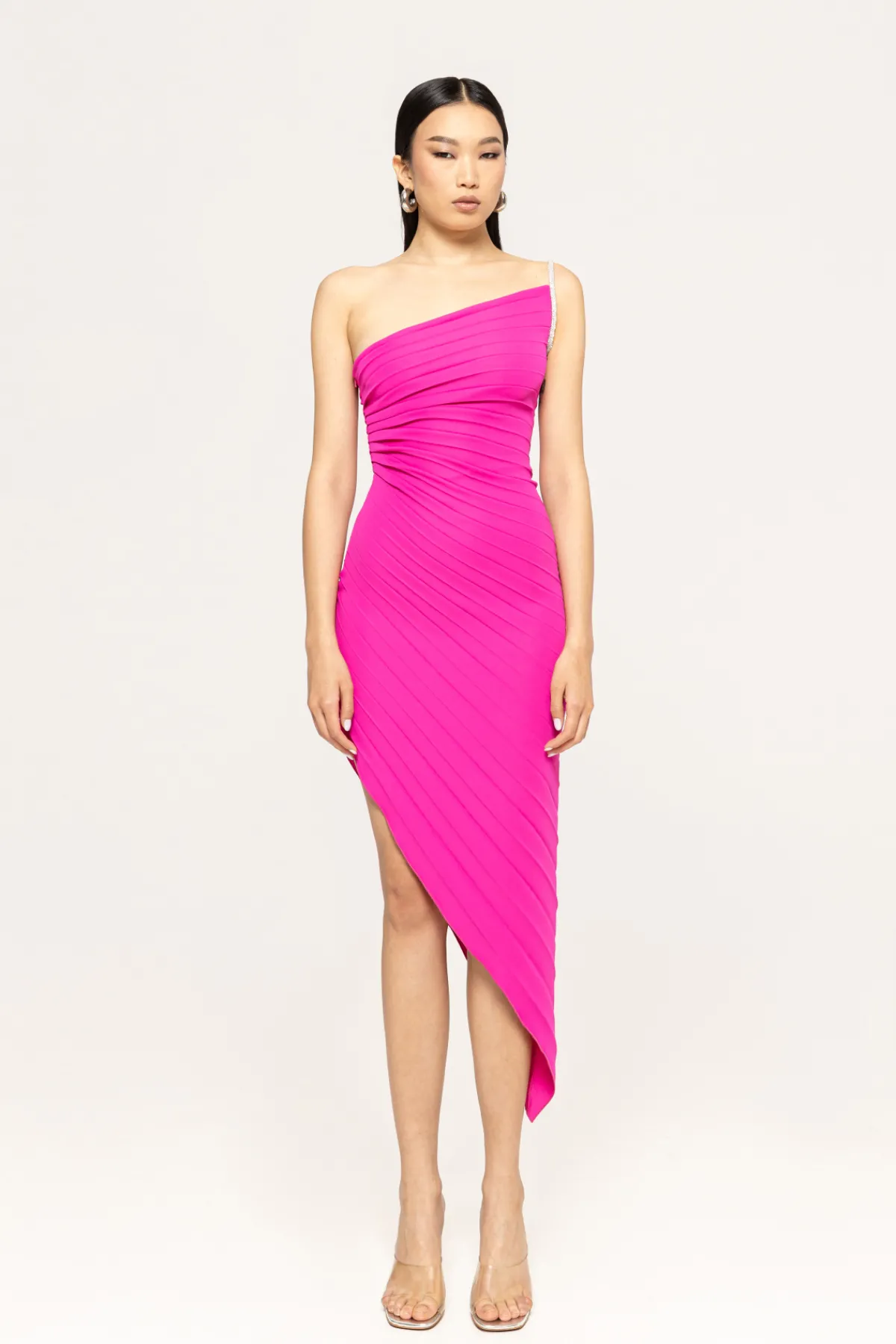 Shop Asymmetric one-shoulder plissé dress Dresses
