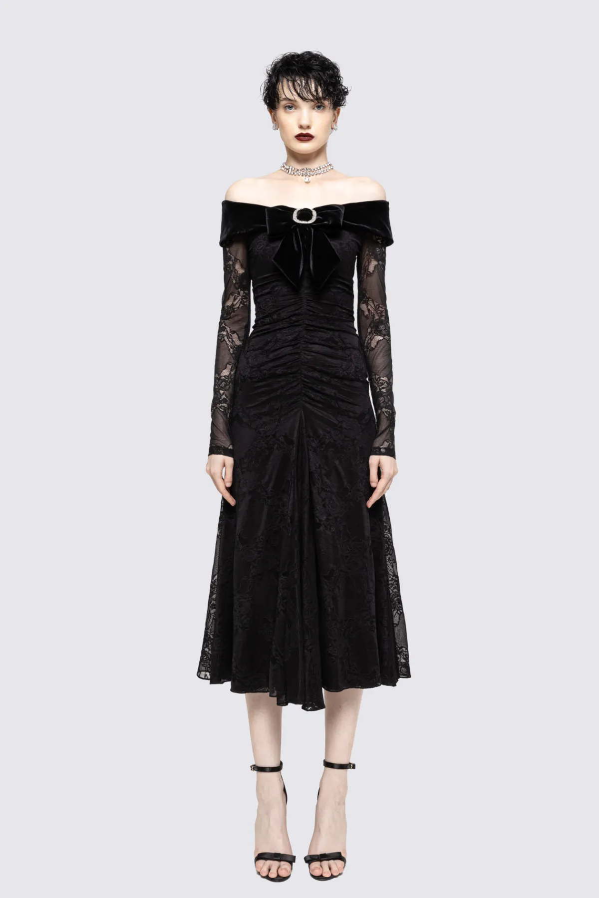 Shop Bow-detail lace midi dress Dresses