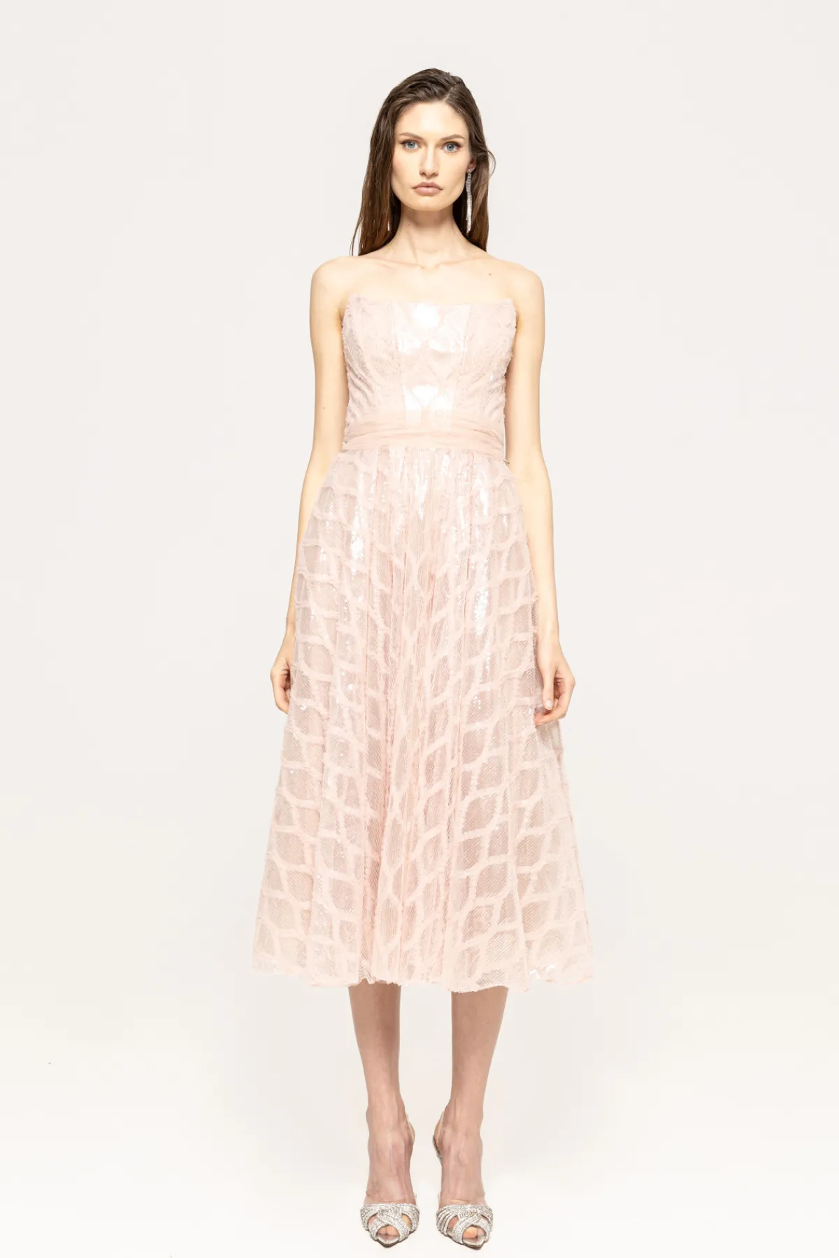 Shop Corset-detail sequinned midi dress Dresses