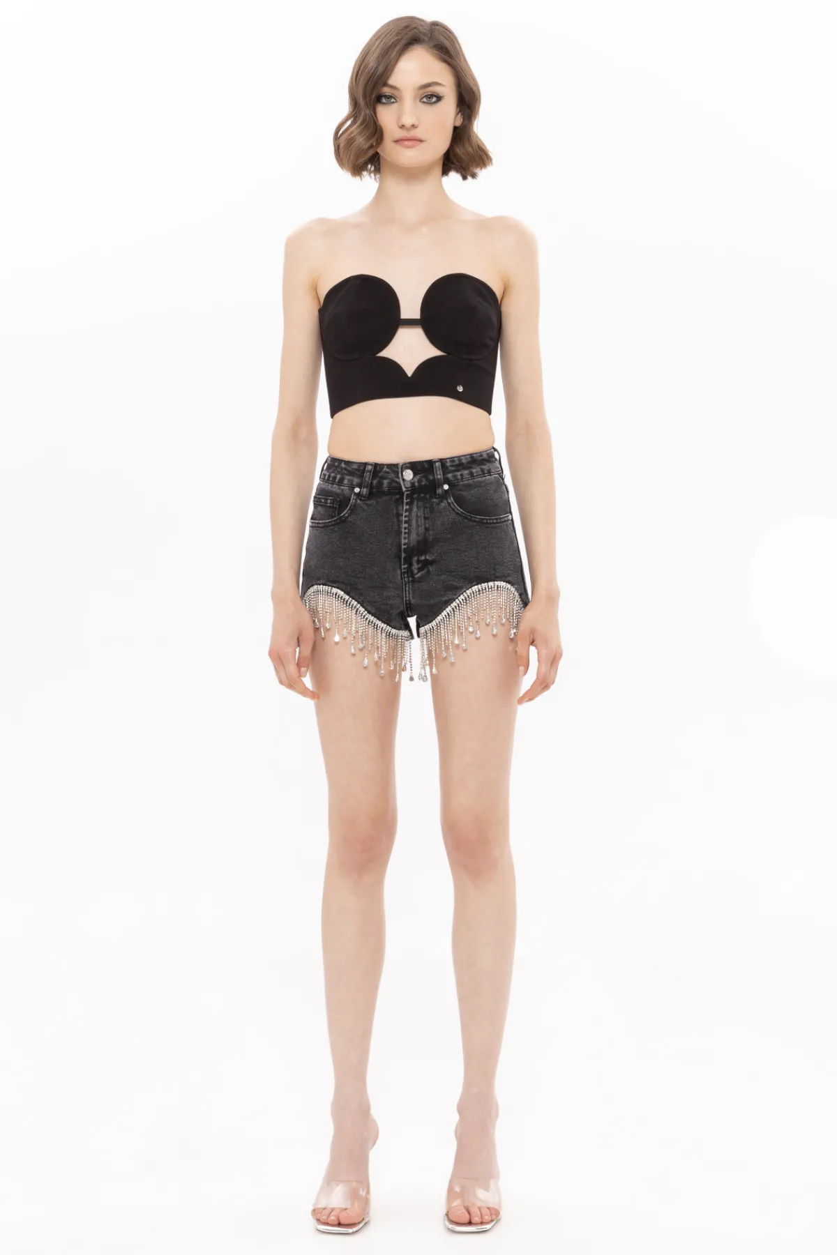 Cheap Crystal fringe-embellished denim shorts Pants
