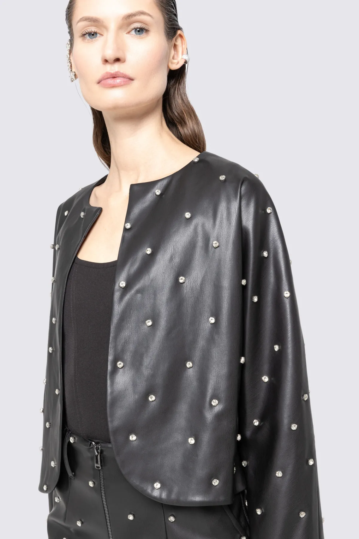 Cheap Crystal-detail faux leather jacket Jackets