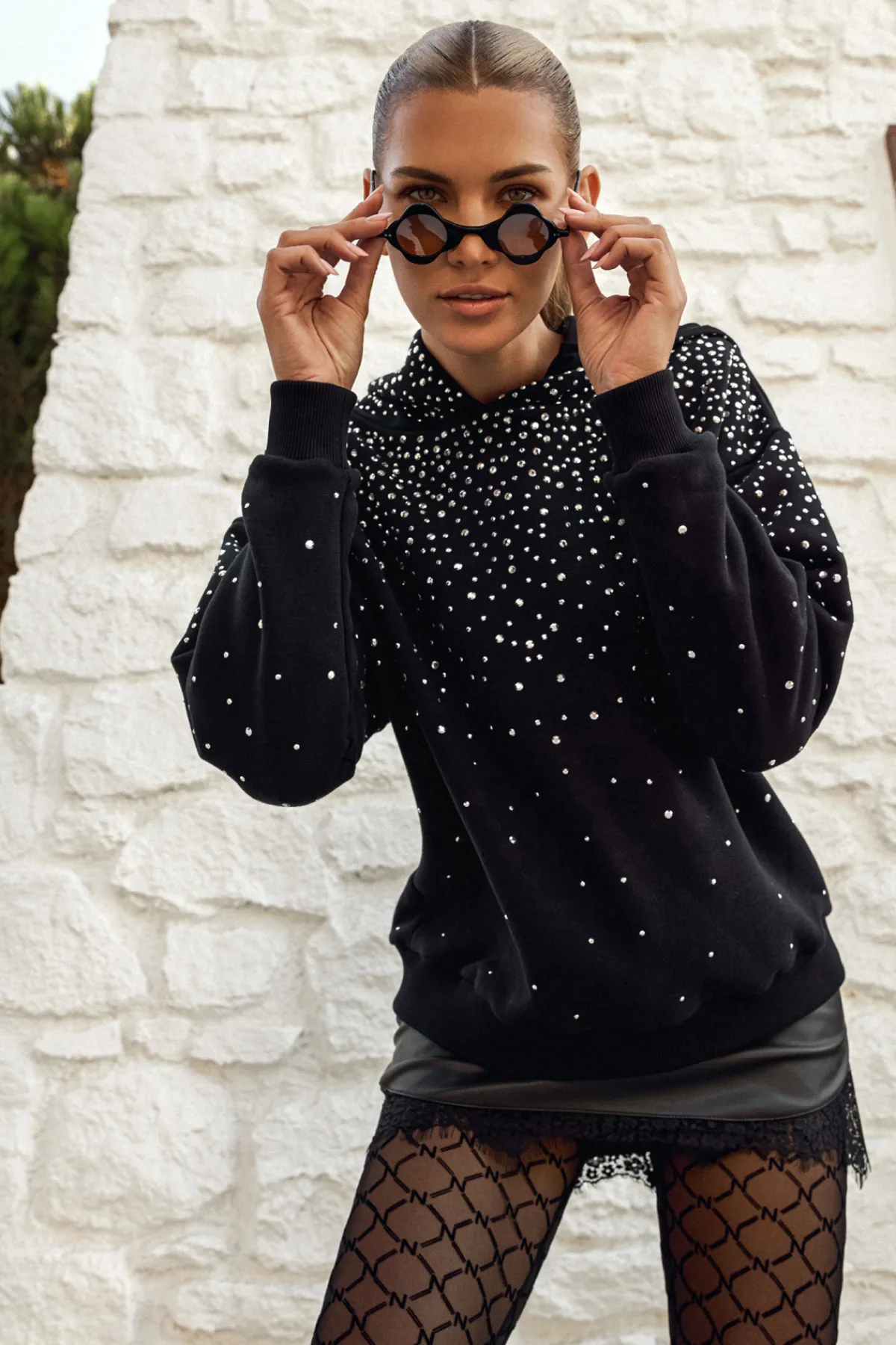 Fashion Crystal-embellished cotton hoodie Tops