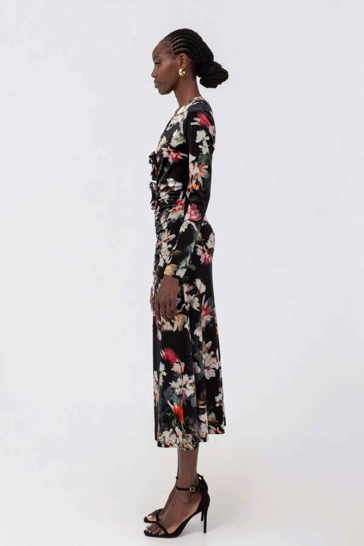 Fashion Floral-appliqué velvet midi dress Dresses