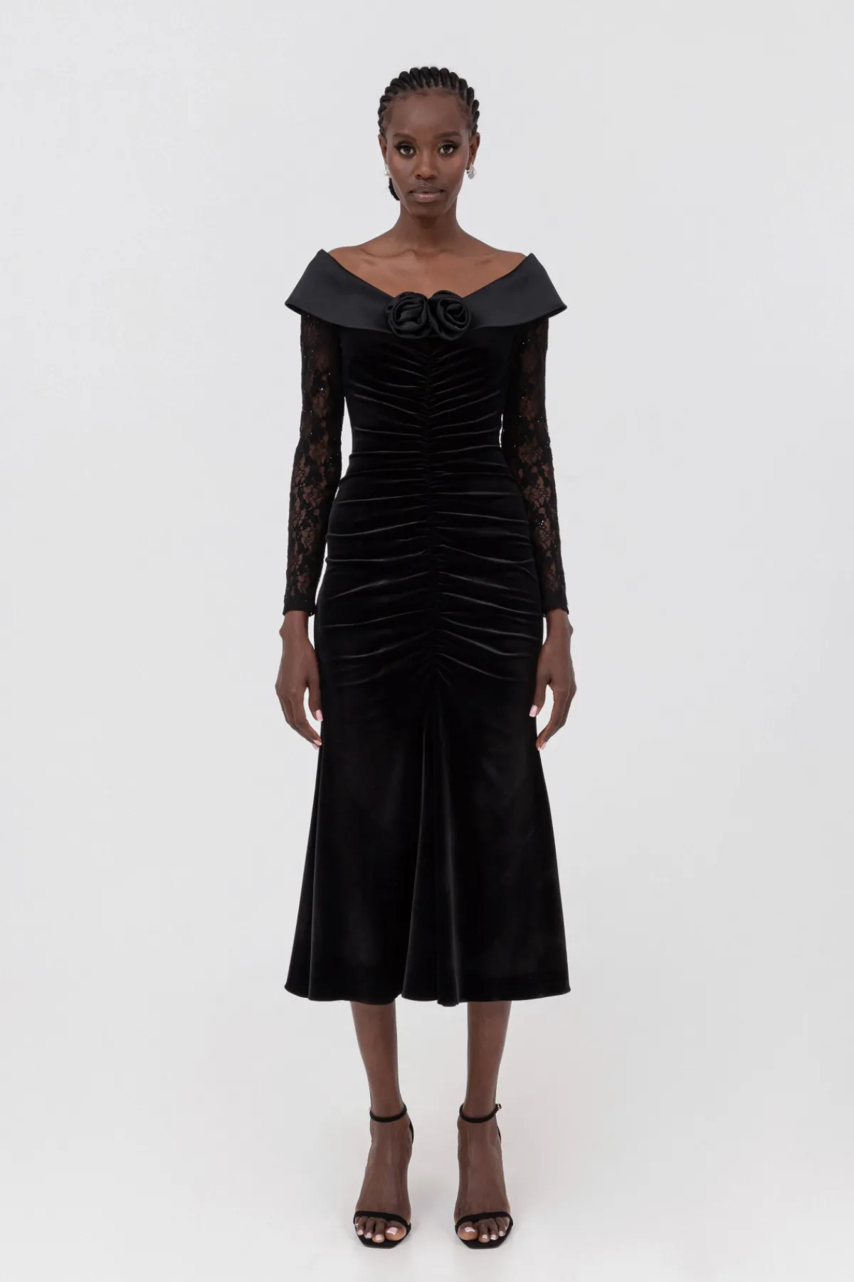 Shop Floral-appliqué velvet midi dress Dresses