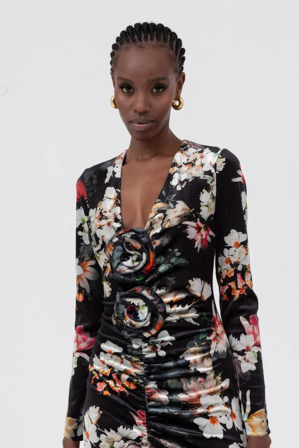 Fashion Floral-appliqué velvet midi dress Dresses
