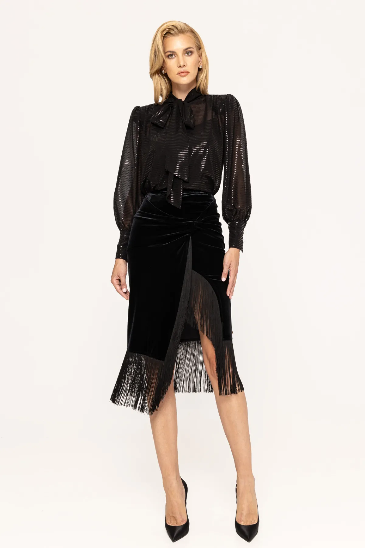 Outlet Fringe-trimmed velvet skirt Skirts