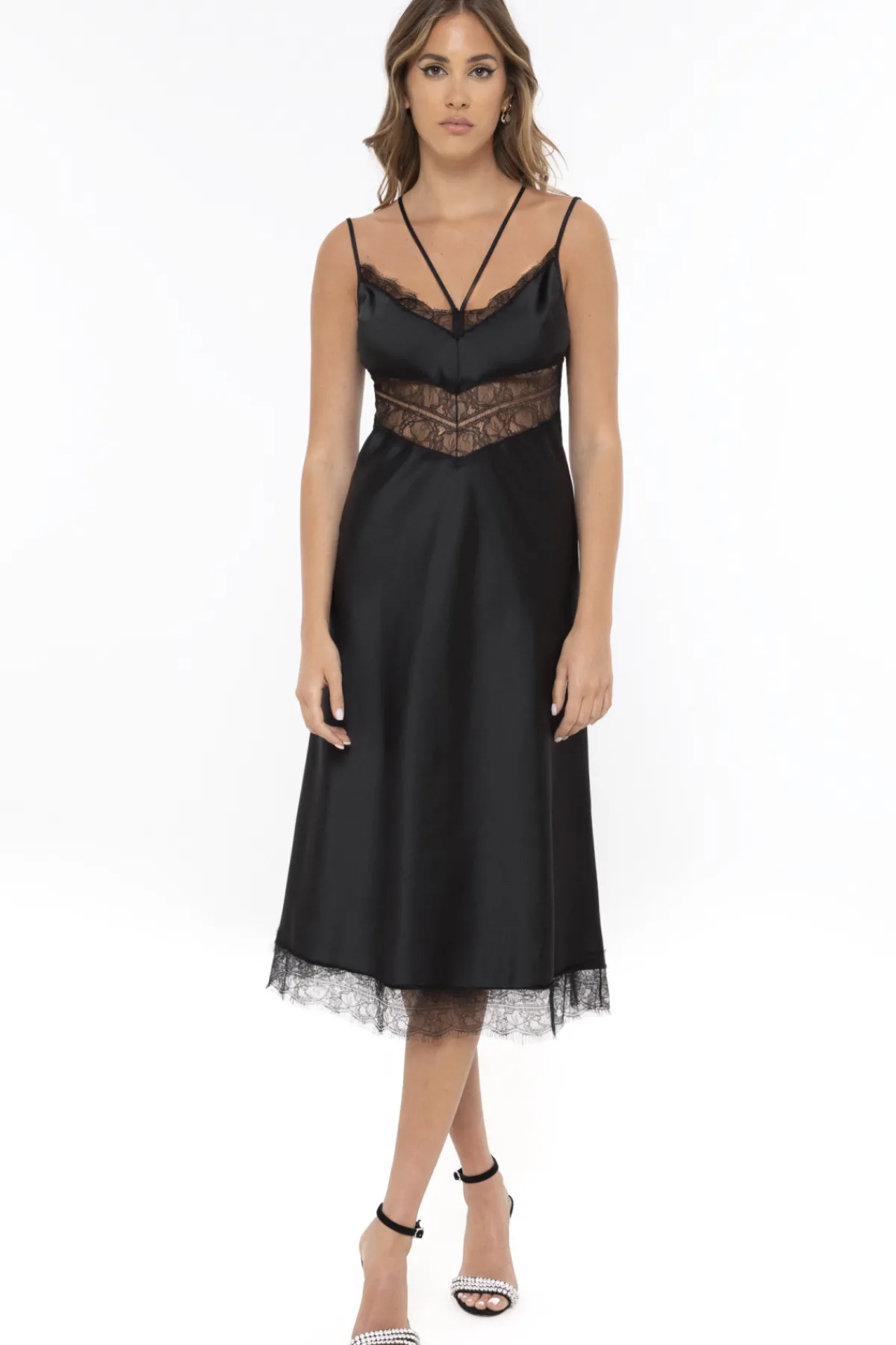 Hot Lace insert satin dress Dresses