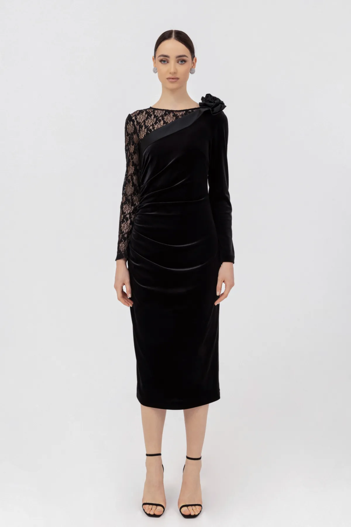 Fashion Lace insert velvet midi dress Dresses