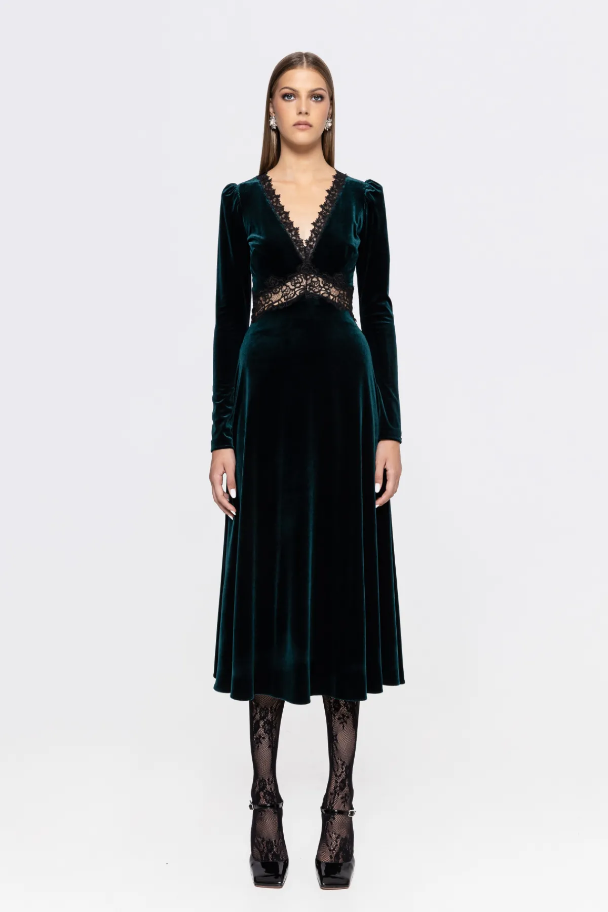 New Lace-insert velvet midi dress Dresses