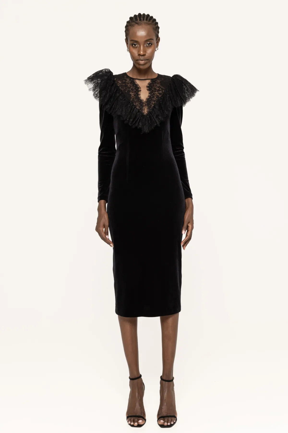 Shop Lace-trimmed velvet midi dress Dresses