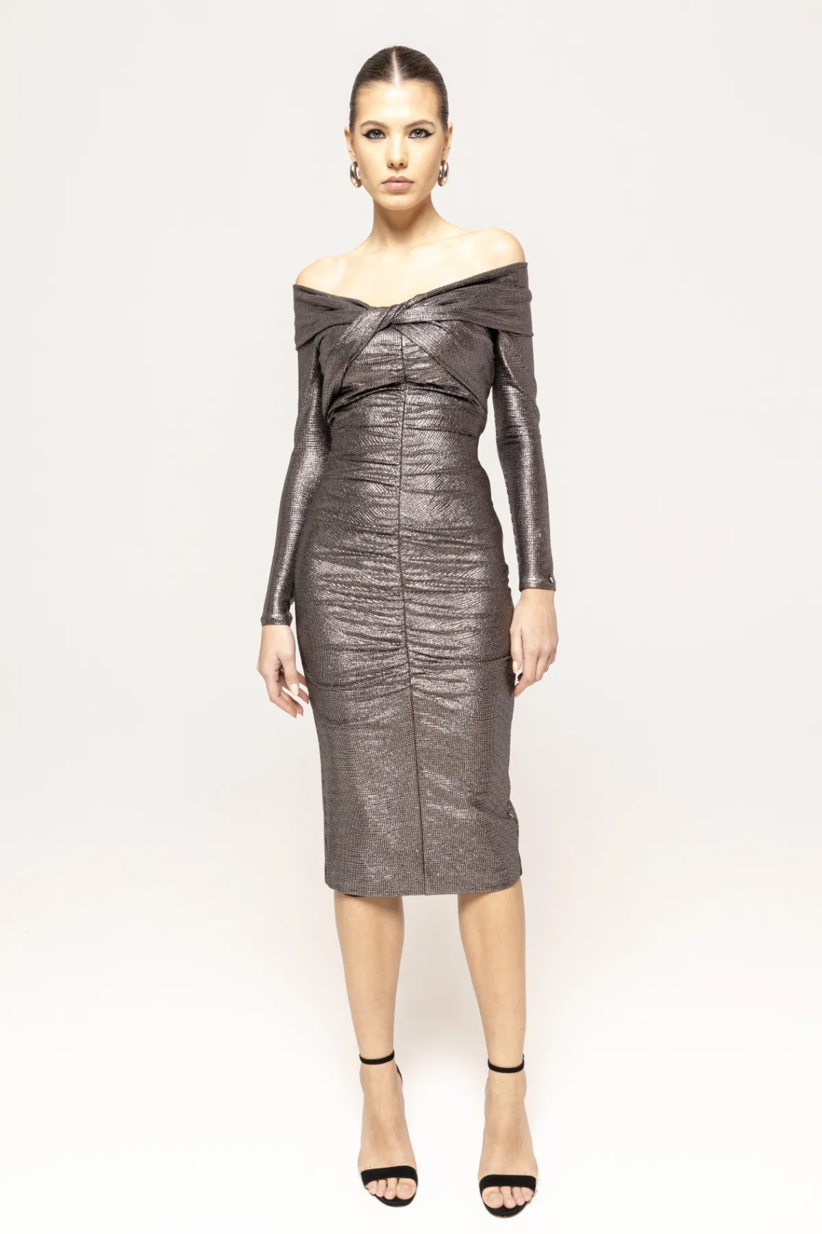 Shop Metallic ruched midi dress Dresses