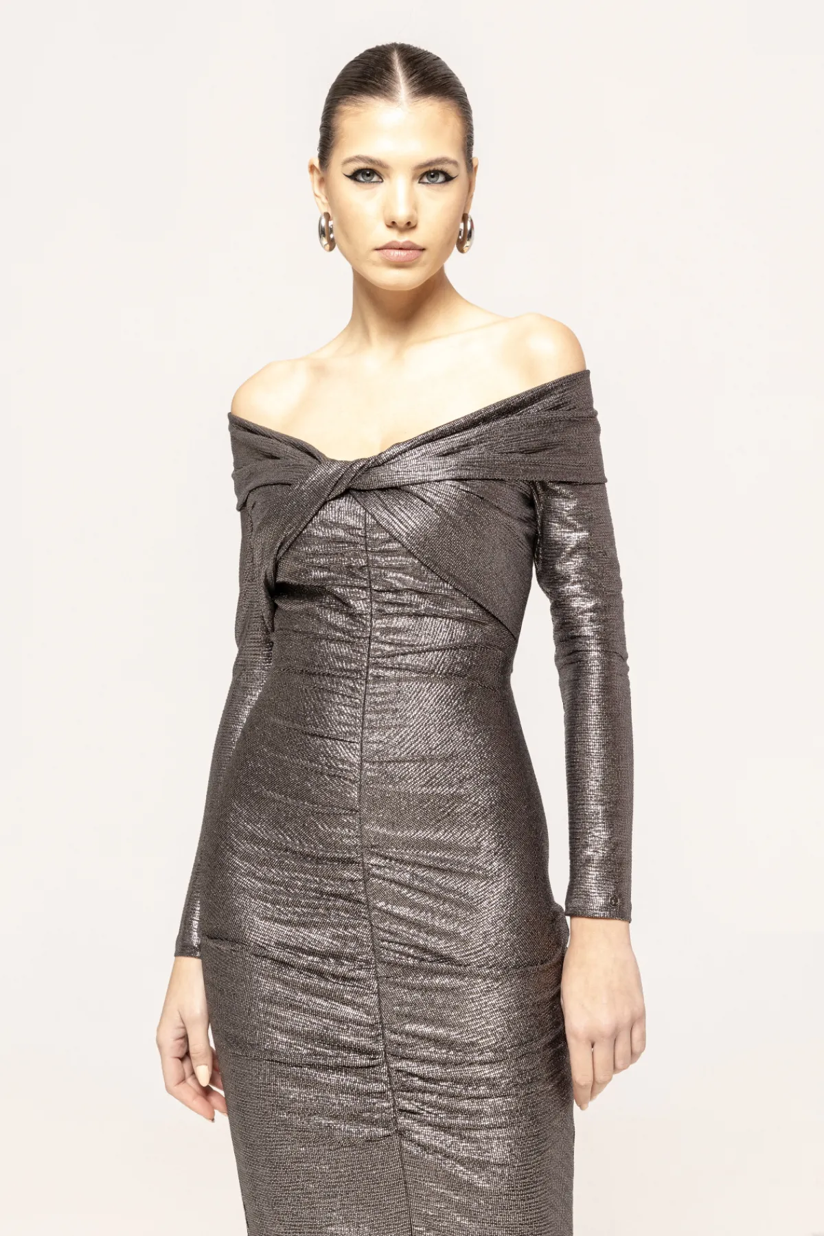 Shop Metallic ruched midi dress Dresses