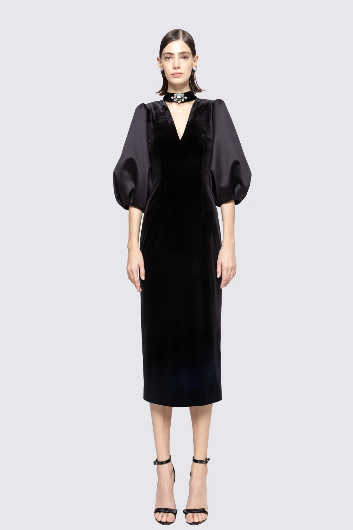 Cheap Puff sleeves velvet midi dress Dresses
