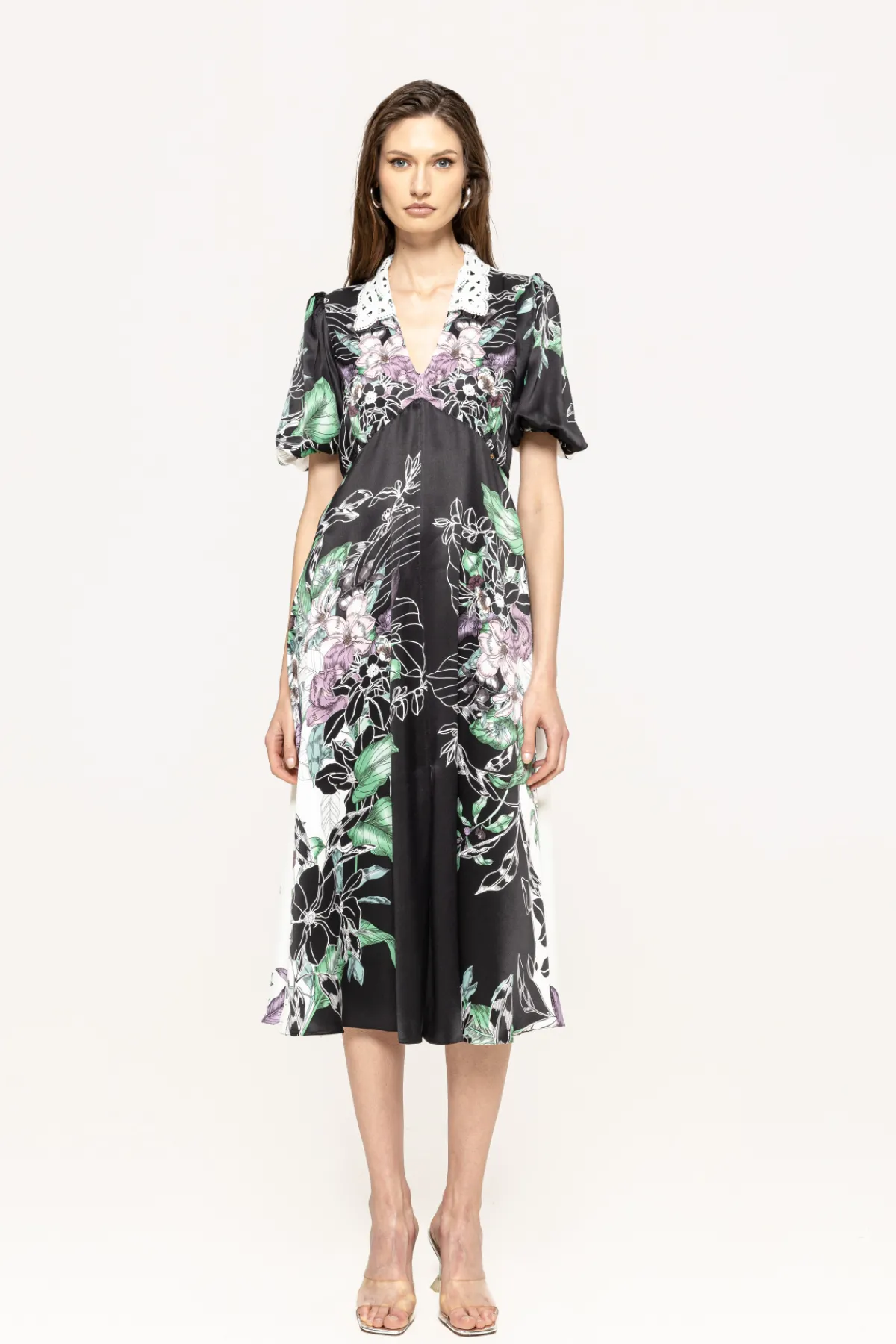 Fashion Puff-sleeve viscose midi dress Dresses